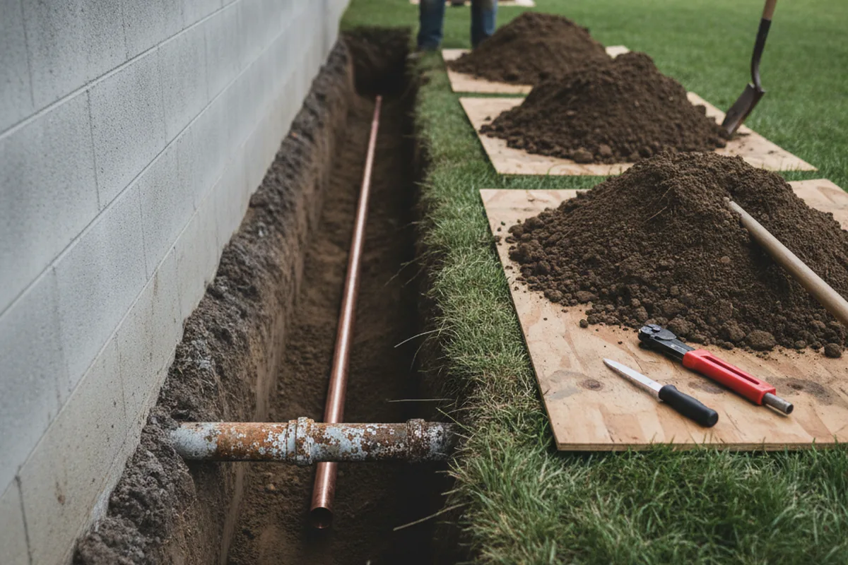 Excavated water line trench during Water Softener Installation in Mallory
